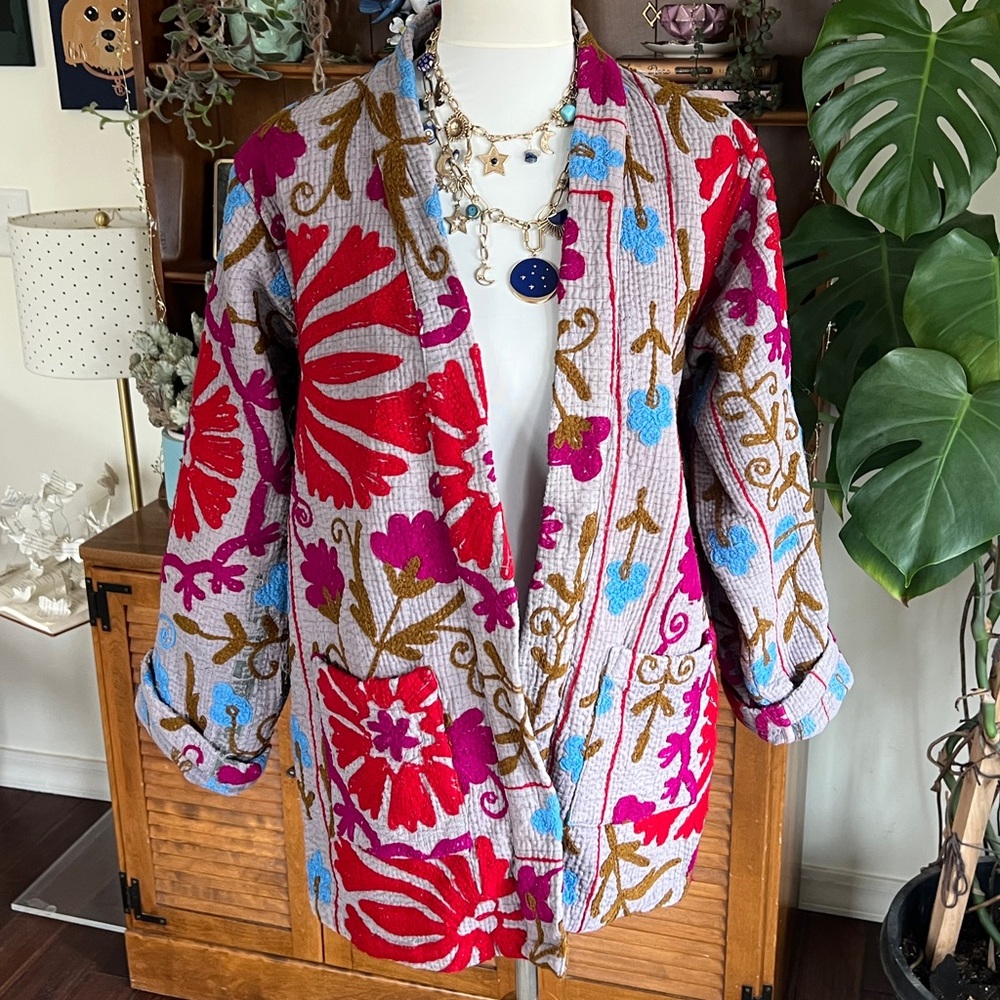 She’s1Oak Fine Kantha Suzani Embroidered Multicolor Short Jacket Kimono XS-L - Picture 2 of 16
